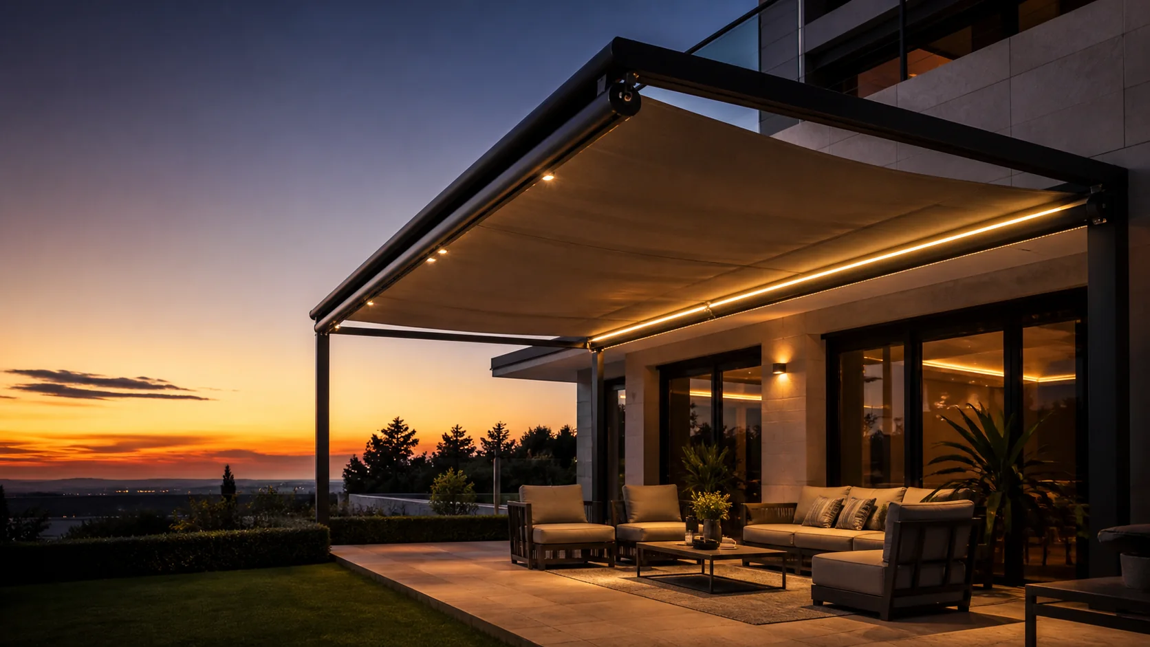 Teras üzerinde motorlu pergola tente sistemi